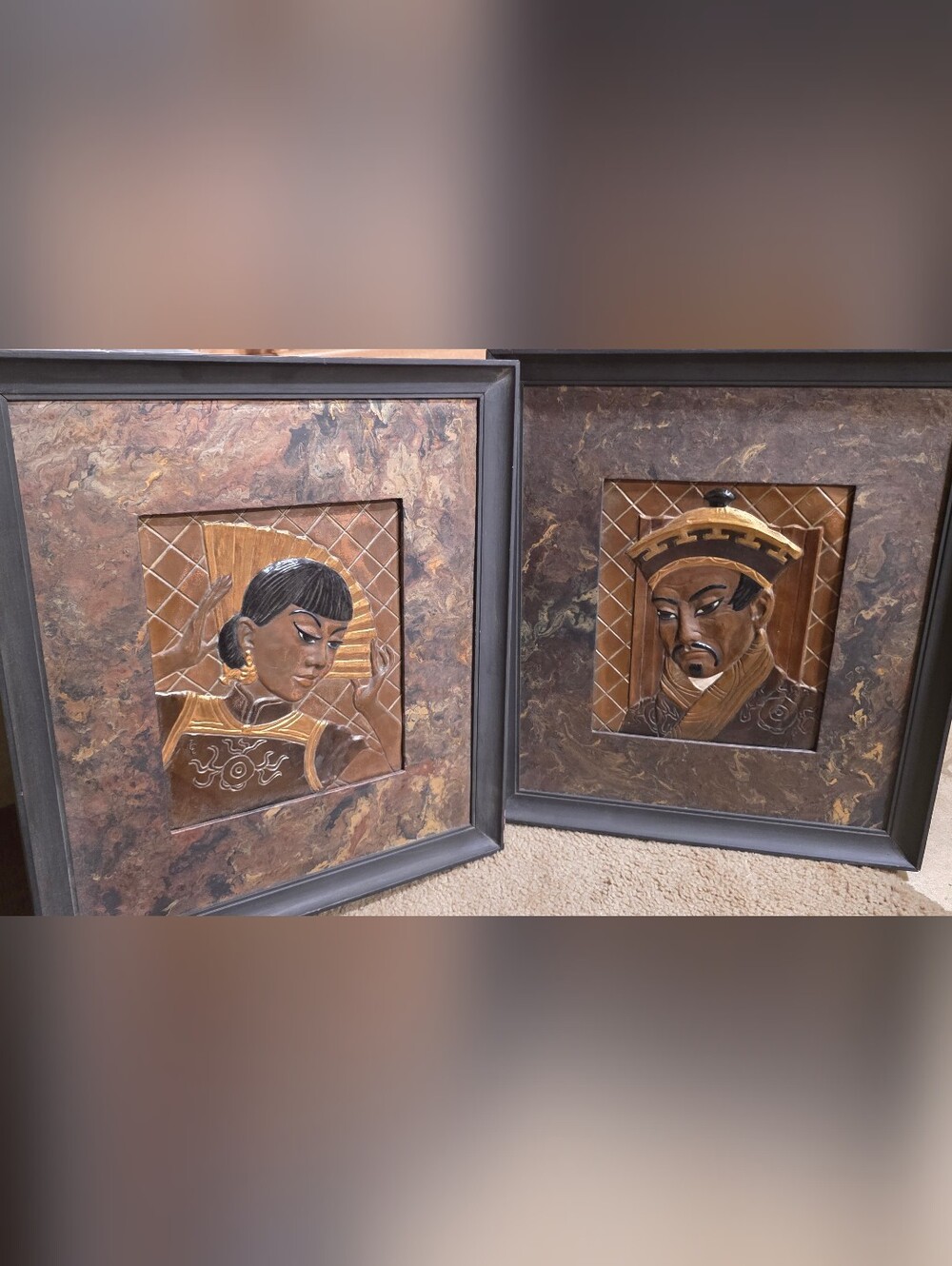 Mid Century Framed Copper Carved Asian Portrait Art Set